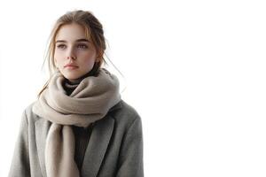 A young woman stands outdoors in a coat and large scarf, her thoughtful expression reflecting the crisp atmosphere of a cool winter day. Soft colors emphasize her serene mood photo