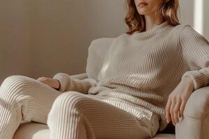 A woman sits comfortably on a cream-colored sofa, wearing a soft, textured knit outfit. Sunlight pours into the room, creating a warm and inviting atmosphere photo