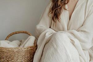 A woman enjoys a serene moment indoors, dressed in a soft robe. A woven basket filled with neatly folded towels adds warmth to the setting, creating a relaxing atmosphere photo