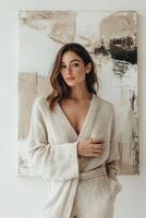 A woman stands confidently in a stylish outfit, set against a backdrop of abstract art. The warm tones and textures create a serene atmosphere, reflecting contemporary aesthetics photo