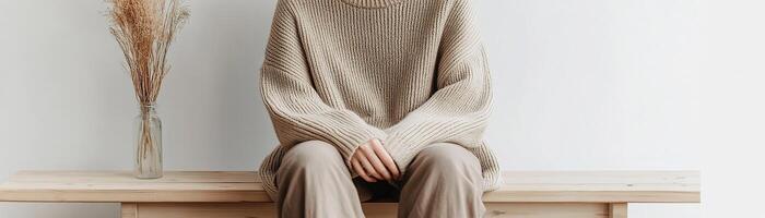 A person dressed in a soft, oversized sweater sits quietly on a wooden bench. The background features a simple vase with dried grass, enhancing the calming aesthetic of the space photo