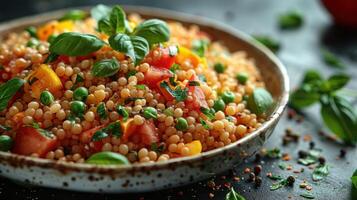 Close-up of a bowl of couscous salad with tomatoes and fresh basil photo