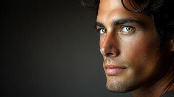 A close-up portrait of a mans face, showcasing his captivating green eyes photo