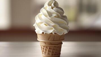 Close-up of soft serve ice cream cone with swirls in waffle cone photo