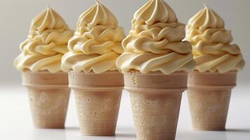 Close-up of four ice cream cones filled with vanilla soft serve photo