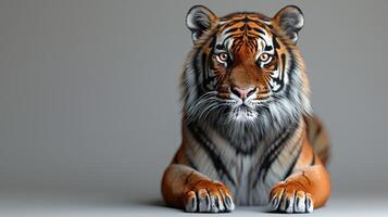 A tiger lies with its front paws extended in a studio setting photo