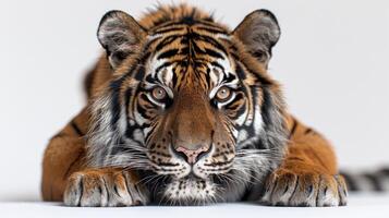 A tiger stares intensely at the camera, its powerful presence filling the frame photo