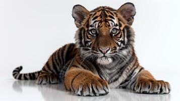 A young tiger cub lying on a white background photo