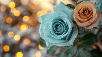 Two roses, one blue and one peach, with dew drops, against a blurred background of lights photo