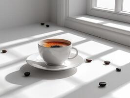 A cup of coffee sits on a saucer with scattered coffee beans in front of a window photo