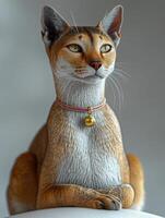 A brown Abyssinian cat with a golden bell on its collar sits looking off to the side photo