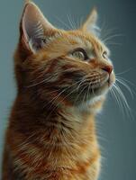A close-up of a ginger cat looking upward, with soft fur and a gentle expression photo
