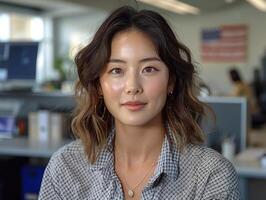 Woman with a calm expression in an office setting photo