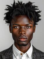A close-up portrait of a young man with dreadlocks wearing a suit photo