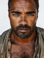 Close-up portrait of a man with intense eyes and a serious expression photo