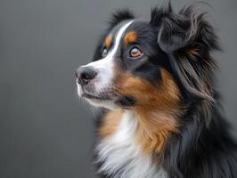 A close-up portrait of an Australian Shepherd with a tri-color coat photo