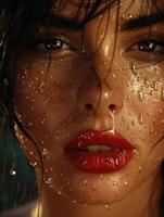 A womans face, covered in water droplets, with red lipstick photo