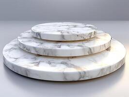 A 3D rendering of a stack of three round marble platforms on a white background photo