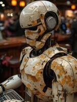A white and yellow robot with a futuristic design works on a keyboard photo