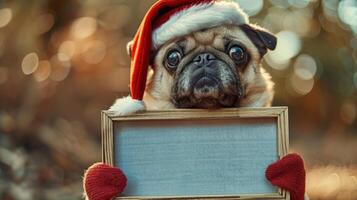 A pug dog wearing a Santa hat holds a blank sign in a winter setting photo