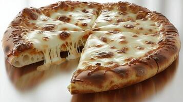 Freshly baked cheese pizza with gooey mozzarella under a single slice photo