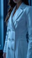 A womans white blazer with silver buttons photo