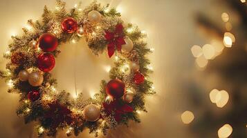 Christmas Wreath with Sparkling Lights and Ornaments photo