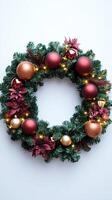 Elegant holiday wreath featuring vibrant red and gold decorations photo