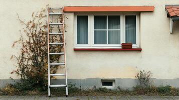 Cream-Colored House with Window and Ladder photo