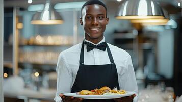 Smiling Waiter Serving Delicious Food photo