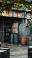 Rusty Industrial Warehouse with Barrels photo