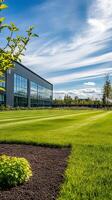 Modern Business Facility with Lush Lawn photo