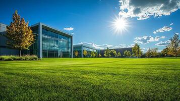 Modern Office Complex with Lush Green Lawn photo
