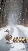 Mother Duck Leads Her Ducklings Through Winter Snow photo