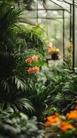 Greenhouse Garden Filled with Vibrant Orchids and Lush Plants photo