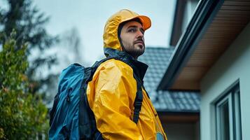 Rainy Day Traveler with Yellow Jacket photo
