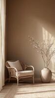 Neutral Aesthetic Living Room with Wicker Chair and Vase photo
