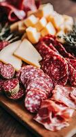 Gourmet Meat and Cheese Selection on Wooden Board photo