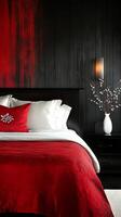 Red and Black Bedroom Design with Elegant Decor photo
