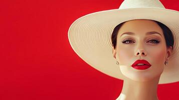 Radiant lady featuring a straw hat and captivating red lipstick photo
