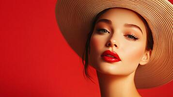 Stunning Woman in Red Lipstick and Straw Hat photo