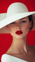 Beautiful woman with vivid red lips and a stylish straw hat photo