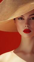 Elegant woman adorned with a straw hat and striking red lips photo