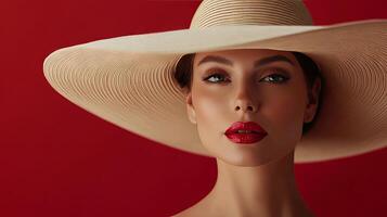 Elegant Woman in Straw Hat with Red Lips photo