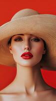 Gorgeous lady wearing a straw hat and bold red lipstick photo