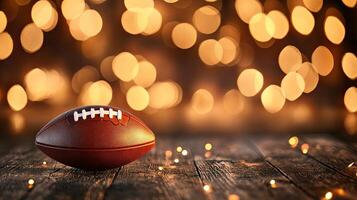 Football on rustic wooden table with warm lights photo