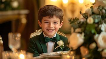 Smiling Boy in Green Formal Suit at Elegant Event photo
