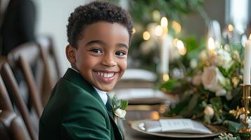 A cheerful boy dressed in a green suit at a wedding photo