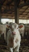 Cute white baby cow standing in a barn photo