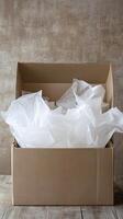 An empty cardboard box packed with white tissue paper photo